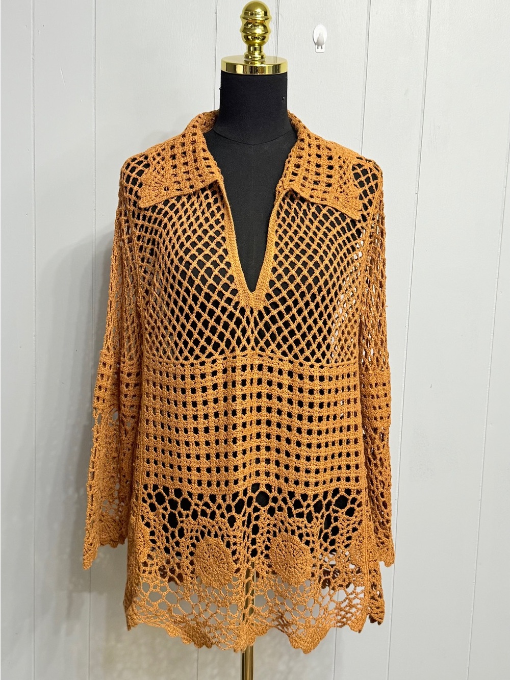 #1) Crochet Openwork V-Neck Tunic in Burnt Orange - Picture 1 of 7